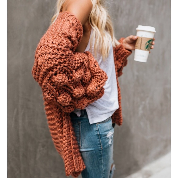 NWT Popcorn Sleeve Rust Handmade Cardigan - Picture 5 of 8